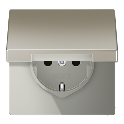 Штепсельная розетка SCHUKO 16А / 250В с защитными шторками, с подпружиненной откидной крышкой, пружинные зажимы, возможно IP44; металл; нержавеющая сталь; Edelstahl, ES1520KIKL