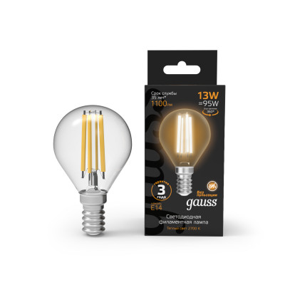 Лампа Gauss Filament Шар 13W 1100lm 2700К Е14 LED 1/10/50, 105801113