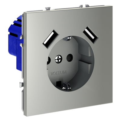 Розетка встраиваемая VOLTUM S70 с заземлением и защитными шторками, 16А, с USB, A+A, (сталь), VLS040405