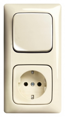 ABB Блок: Выключатель 1-клавишный с розеткой 2к+з, цвет - слоновая кость, серия Busch-Duro 2000 - Linear