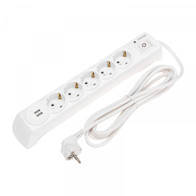 KRANZ Фильтр сетевой 5 гнезд, 3м, 3х1,5мм?, с автовыкл, 2 USB, белый, 13-4700