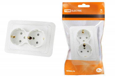 Розетка двойная 2П+З 16А c защитными шторками белая "Валдай" TDM Electric, SQ1804-0026