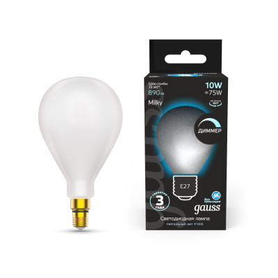 Лампа Gauss Filament А160 10W 890lm 4100К Е27 milky диммируемая LED 1/6, 179202210-D