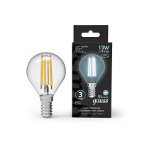 Лампа Gauss Filament Шар 13W 1150lm 4100К Е14 LED 1/10/50, 105801213