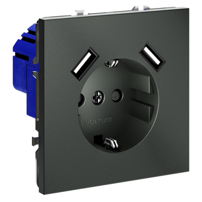 Розетка встраиваемая VOLTUM S70 с заземлением и защитными шторками, 16А, с USB, A+A, (титан), VLS040406