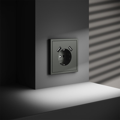 Розетка встраиваемая VOLTUM S70 с заземлением и защитными шторками, 16А, с USB, A+A, (титан), VLS040406