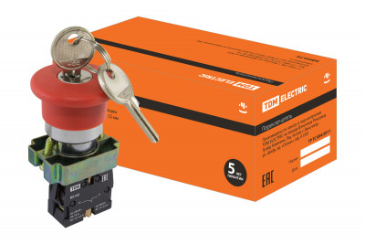 Кнопка BS142 "Грибок"с ключом красный d22мм 230В 1р TDM Electric, SQ0704-0023