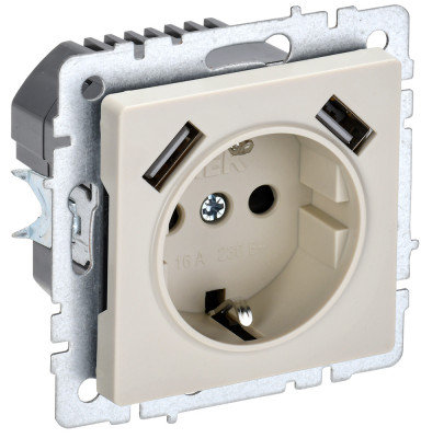 BRITE Роз. с з/к/ш 16А с USB A+A 2,1А РЮш10-1-БрКр беж. IEK, BR-R14-16-U21-D21-K10