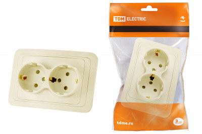 Розетка двойная 2П+З 16А c защитными шторками сл. кость "Валдай" TDM Electric, SQ1804-0126
