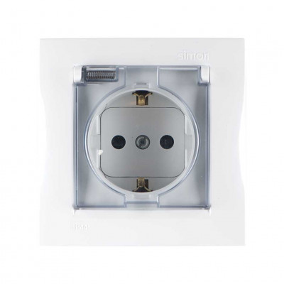 Simon Simon15 Розетка со шторками 2К+З с крышкой, IP44 16А 250В~, винт. зажим, белая, 1590450-030