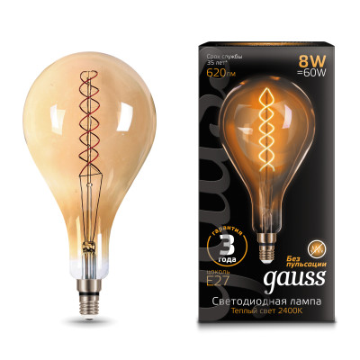 Лампа Gauss Filament А160 8W 620lm 2400К Е27 golden flexible LED 1/6, 150802008