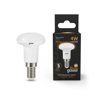 Лампа Gauss R39 4W 350lm 3000K Е14 LED 1/10/100, 106001104