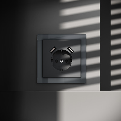 Розетка встраиваемая VOLTUM S70 с заземлением и защитными шторками, 16А, с USB, A+A, (графит), VLS040407