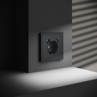 Розетка встраиваемая VOLTUM S70 с заземлением и защитными шторками, 16А, с USB, A+A, (графит), VLS040407