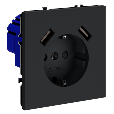 Розетка встраиваемая VOLTUM S70 с заземлением и защитными шторками, 16А, с USB, A+A, (графит), VLS040407