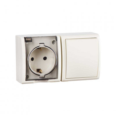 Simon 1594511-031 Simon15 IP54  Блок: розетка 2К+З 16А 250В~ + выключатель 10А 250В~, сл. кость