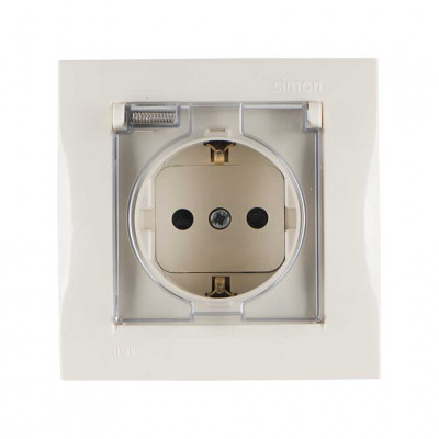 Simon 1590450-031 Simon15 Розетка со шторками 2К+З с крышкой, IP44 16А 250В~, винт. зажим, сл. кость