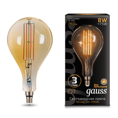 Лампа Gauss Filament А160 8W 780lm 2400К Е27 golden straight LED 1/6, 149802008