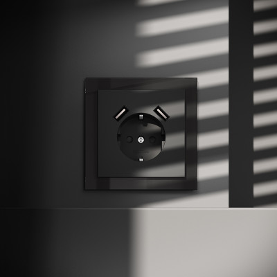 Розетка встраиваемая VOLTUM S70 с заземлением и защитными шторками, 16А, с USB, A+A, (черный матовый, VLS040408