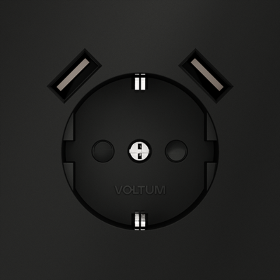Розетка встраиваемая VOLTUM S70 с заземлением и защитными шторками, 16А, с USB, A+A, (черный матовый, VLS040408