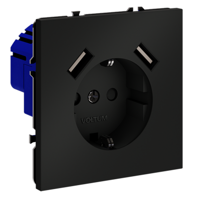 Розетка встраиваемая VOLTUM S70 с заземлением и защитными шторками, 16А, с USB, A+A, (черный матовый, VLS040408
