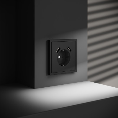 Розетка встраиваемая VOLTUM S70 с заземлением и защитными шторками, 16А, с USB, A+A, (черный матовый, VLS040408