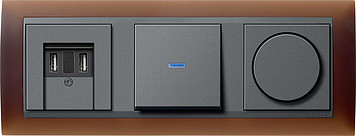 Gira Блок: Выключатель 1-клавишный, с подсветкой, USB зарядное устройство, Светорегулятор поворотный, матовый антрацит - коричневый, серия Event Opaque