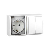 Simon 15 Aqua Белый Блок: Розетка 2P+E Schuko 16А 250В + выключатель двойной 10А 250В, IP54, 1594515-030