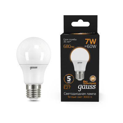 Лампа Gauss A60 7W 680lm 3000K E27 LED 1/10/50, 102502107