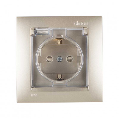 Simon Simon15 Розетка со шторками 2К+З с крышкой, IP44 16А 250В~, винт. зажим, шампань, 1590450-034
