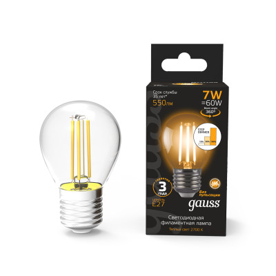 Лампа Gauss Filament Шар 7W 550lm 2700К Е27 шаг. диммирование LED 1/10/50, 105802107-S