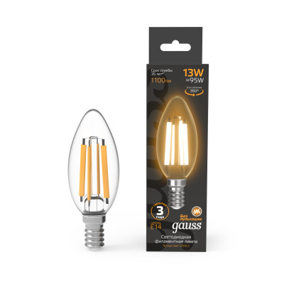 Лампа Gauss Filament Свеча 13W 1100lm 2700К Е14 LED 1/10/50, 103801113