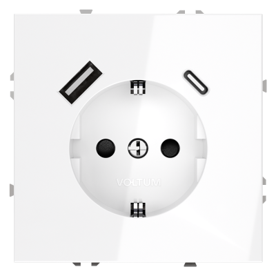 Розетка встраиваемая VOLTUM S70 с заземлением и защитными шторками, 16А, с USB, A+С, (белый глянцевы, VLS040501