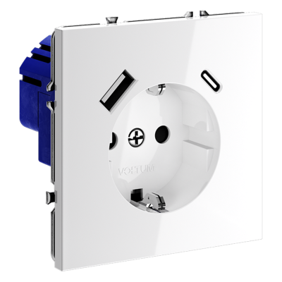 Розетка встраиваемая VOLTUM S70 с заземлением и защитными шторками, 16А, с USB, A+С, (белый глянцевы, VLS040501