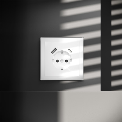 Розетка встраиваемая VOLTUM S70 с заземлением и защитными шторками, 16А, с USB, A+С, (белый глянцевы, VLS040501