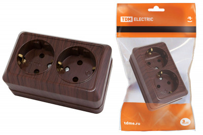 Розетка двойная 2П+З открытой установки IP20 16А, бук "Ладога" TDM Electric, SQ1801-0036
