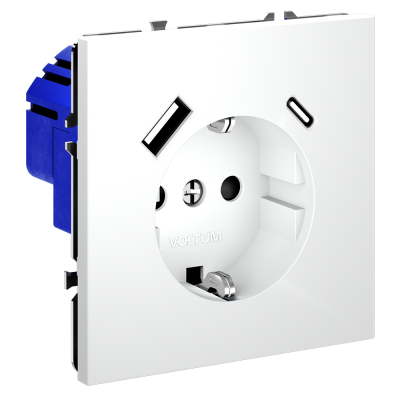 Розетка встраиваемая VOLTUM S70 с заземлением и защитными шторками, 16А, с USB, A+С, (белый матовый), VLS040502