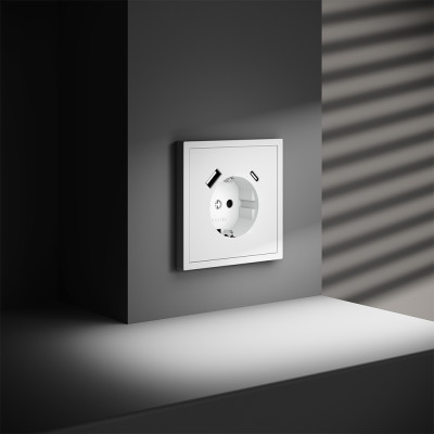 Розетка встраиваемая VOLTUM S70 с заземлением и защитными шторками, 16А, с USB, A+С, (белый матовый), VLS040502