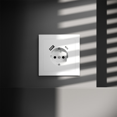 Розетка встраиваемая VOLTUM S70 с заземлением и защитными шторками, 16А, с USB, A+С, (белый матовый), VLS040502