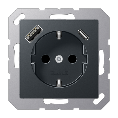 Розетка SCHUKO® с USB-зарядным устройством, тип A + тип С; термопласт; матовый антрацит, A1520-15CAANM