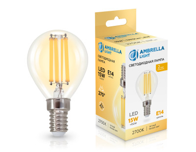 Светодиодная лампа филамент шар P45 E14 15Вт 2700K 270°, AMBRELLA LIGHT, 451533