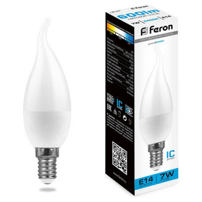 Лампа светодиодная, (7W) 230V E14 6400K на ветру C37T, LB-97, Feron 38135
