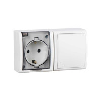 Simon 15 Aqua Белый Блок: Розетка 2P+E Schuko 16А 250В + выключатель проходной 10А 250В, IP54, 1594516-030