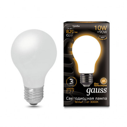 Лампа Gauss Filament А60 10W 820lm 2700К Е27 milky LED 1/10/40, 102202110