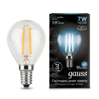 Лампа Gauss Filament Шар 7W 580lm 4100К Е14 LED 1/10/50, 105801207