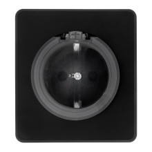 Розетка ROUND 1-ая с/з с/у, со шторками и крышкой 16А оникс KRANZ, KR-78-0702-3