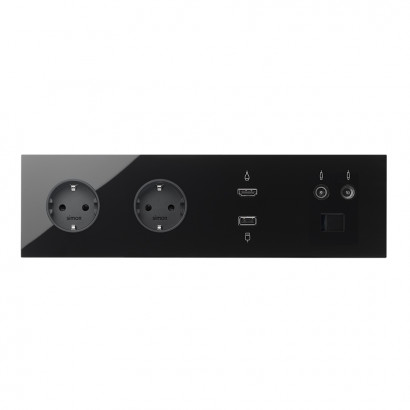  Simon 100 Блок на 4 поста: розетки электрические, ТВ, HDMI, USB зарядное устройство, цвет черный глянцевый
