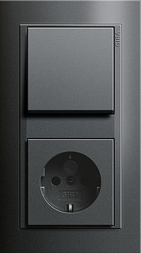 Gira Блок: Выключатель 1-клавишный с розеткой 2к+з, матовый антрацит - антрацит, серия Event Opaque
