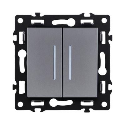 Выключатель 2-клавишный проходной 10А/250В с LED подсветкой, серый Kollinger Asthetik AS-011GY