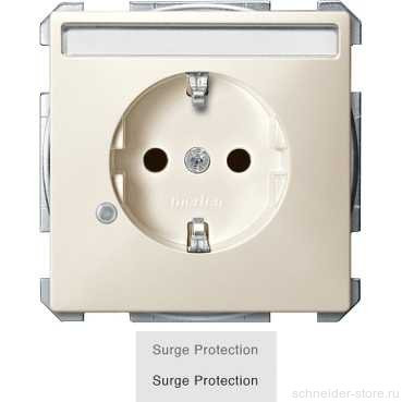 SD Розетка с защитой от перенапряж.,со шторк. и полем для надписи 2К+З 16А 250В~, винт. зажимы, беж.